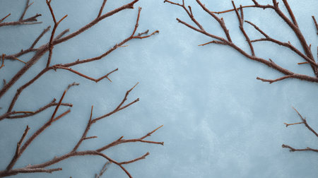 This image features twisted branches resting on a frosty blue surface, offering a serene and minimalistic winter aesthetic that enhances any design project.の素材