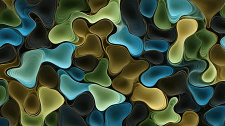 This stunning abstract image showcases colorful fluid shapes in an array of greens, blues, and yellows. The smooth contours and dynamic patterns offer a perfect backdrop for creative projects, enhancing visual appeal and bringing artistic flair to designs.の素材