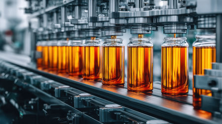 A detailed view of an automated bottling process in a modern factory setting, showcasing glass bottles filled with amber liquid. The scene illustrates efficient production techniques with machinery and technology in action.の素材