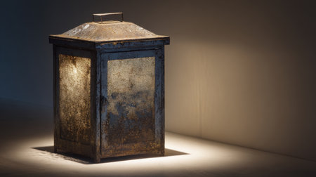 A rustic vintage lantern sits in a dimly lit room, casting a soft, warm glow and creating enchanting shadows that enhance the atmosphere.の素材