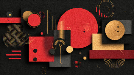 This abstract geometric design showcases red and gold shapes against a dark background. Its rich textures and patterns create a bold visual aesthetic perfect for modern art lovers.の素材