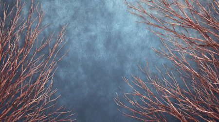 This captivating abstract background features twisting branches elegantly framing a soft blue textured canvas, creating a serene and tranquil atmosphere.の素材