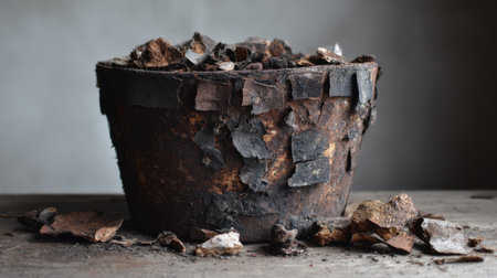 This image features a rustic pot with peeling paint and scattered debris. The worn texture provides a unique vintage look, ideal for design inspiration.の素材