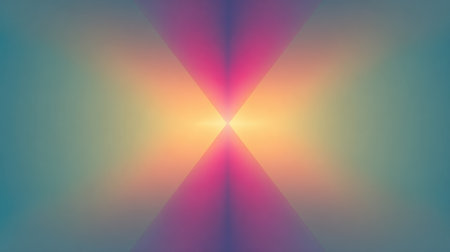 This abstract gradient background features a blend of bright colors with soft light effects. The symmetrical composition creates a serene atmosphere, perfect for creative projects.の素材