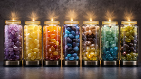A vibrant display of jelly beans in glass jars, illuminated to enhance their colors, ideal for candy-themed projects and festive decorations.の素材