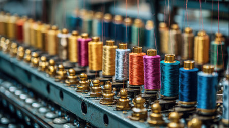 This image features a close-up view of vibrant spools of thread arranged neatly on an industrial sewing machine, showcasing the artistry and creativity in a textile workshop.の素材