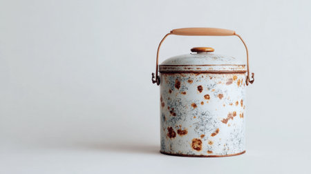 This vintage metal container features a rustic texture and a charming wooden handle, perfect for adding character to any space or styling project.の素材