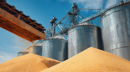 A vibrant agricultural scene featuring large grain silos filled with yellow grain under a bright blue sky, showcasing the essence of farming and storage.の素材