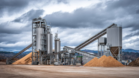 A modern industrial facility featuring metal silos and conveyor systems, set against a backdrop of mountains and dramatic clouds, showcasing manufacturing processes.の素材