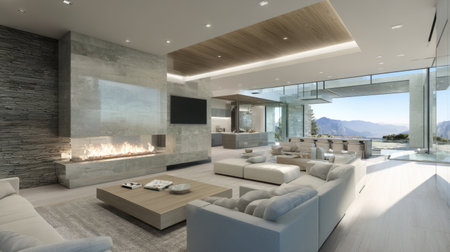 Discover a stunning modern living room characterized by minimalist design, open space, and breathtaking mountain views, featuring an elegant fireplace.の素材