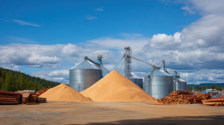 A panoramic view of grain storage silos surrounded by a large pile of yellow grain and stacked wooden logs. The bright blue sky and fluffy white clouds create a serene rural landscape, showcasing the core of agricultural production.の素材