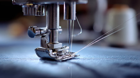 A detailed view of a sewing machine needle and pressure foot, capturing threads on fabric in a workshop setting, emphasizing the craft of tailoring.の素材