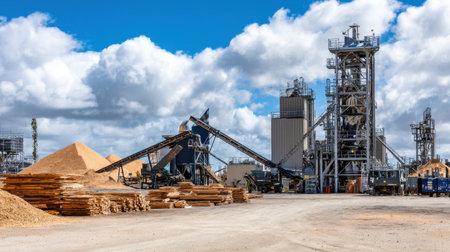 A vibrant industrial processing plant showcases advanced machinery and wood materials beneath a dynamic cloud-filled sky, emphasizing manufacturing efficiency.の素材