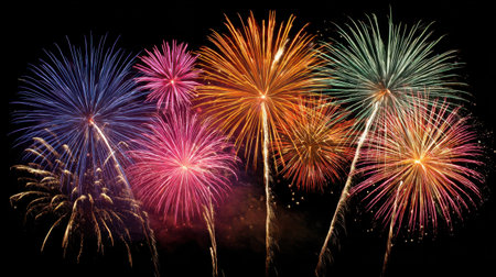 A breathtaking display of colorful fireworks lights up the night sky, creating a festive atmosphere that captures the joy and excitement of celebrations.の素材