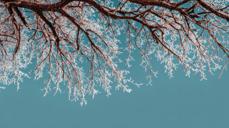 This captivating image features intricate frost-covered tree branches against a stunning clear blue sky, highlighting the beauty of winter's artistry and nature's design.の素材
