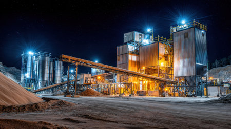 This captivating nighttime image showcases a bustling industrial facility, featuring heavy machinery and illuminated equipment actively engaged in production and processing activities.の素材