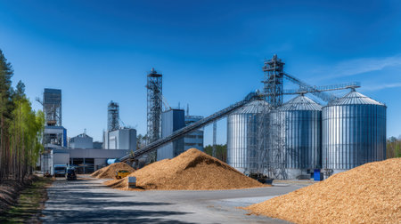 This image showcases a modern biomass facility with silos and wood chip piles under a vibrant blue sky, highlighting renewable energy production.の素材