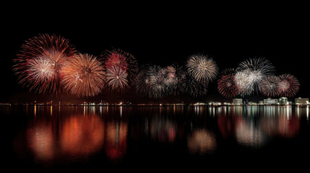 A stunning fireworks display lights up the night sky, reflecting brilliantly on the calm water below. The colorful bursts create a festive atmosphere, perfect for celebrations.の素材