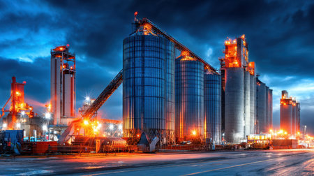 A stunning view of industrial grain silos silhouetted against a dramatic cloudy sky at dusk, showcasing modern agriculture infrastructure and machinery.の素材