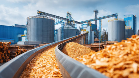 This image captures an industrial facility showcasing silos and a conveyor belt moving wood chips in a manufacturing environment under a clear blue sky.の素材