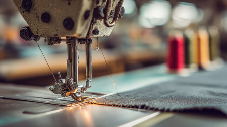 Close-up view of a vintage sewing machine in a textile workshop with colorful threads and fabric, showcasing the art of tailoring and crafting.の素材