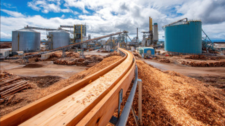 This industrial scene captures a timber processing facility featuring a long conveyor system transporting logs amidst piles of sawdust and logs.の素材