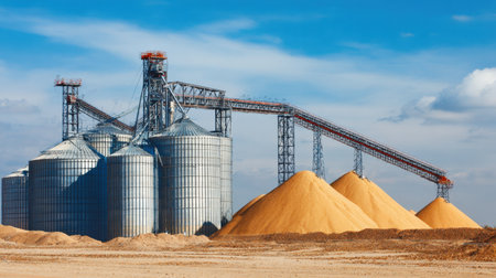 This image showcases a modern agricultural facility featuring large metal silos and sand piles against a clear blue sky, highlighting industrial efficiency in farming.の素材