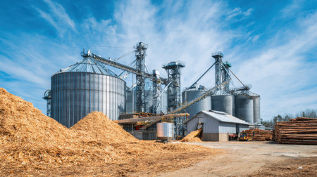 A vibrant image showcasing modern industrial grain silos surrounded by piles of wood chips under a clear blue sky, emphasizing agricultural production and storage.の素材