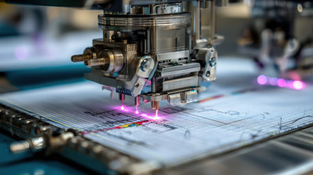 A high-tech laser printing machine showcases advanced technology in graphic production, emphasizing precision and efficiency in design and manufacturing processes.の素材