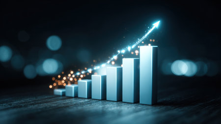 This modern stock photo features a stylized growth chart with a vibrant arrow showcasing upward movement in business performance. Ideal for finance-related projects.の素材