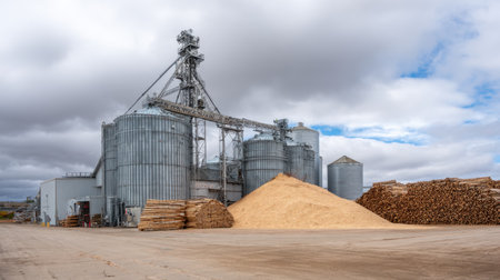 A large industrial grain storage facility featuring silos and lumber piles under a cloudy sky, reflecting the connection between agriculture and industry.の素材