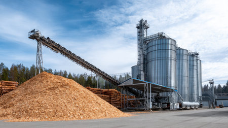 A modern wood processing facility showcases large metallic silos and machinery, with a mound of wood chips indicating active operations in a serene landscape.の素材