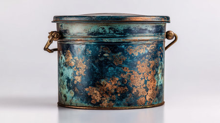 Explore this vintage metal storage container featuring a stunning blue and copper patina, perfect for adding a rustic touch to any interior decor.の素材