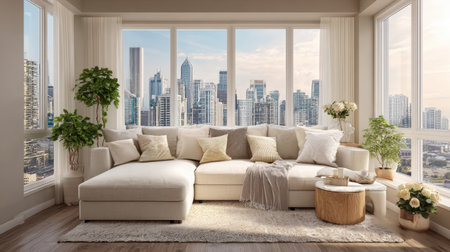 A serene modern living room featuring a large sectional sofa, decorative cushions, and indoor plants, complemented by a breathtaking panoramic city skyline view.の素材