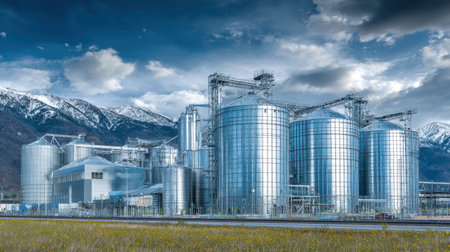A stunning image showcasing modern silos and a grain storage facility set against a dramatic sky with majestic mountains in the background.の素材