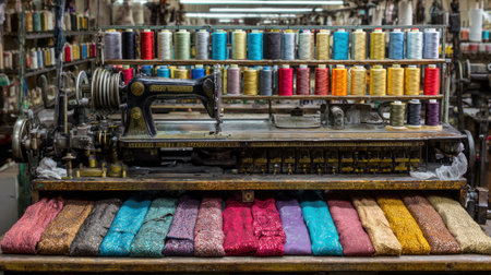 An antique sewing machine displays an array of colorful thread spools in a charming vintage workshop, showcasing the art of textile crafting and creativity.の素材
