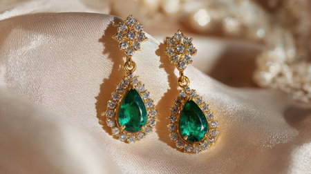 Stunning gold earrings featuring emerald drops surrounded by sparkling diamonds, elegantly displayed on soft silk fabric, perfect for showcasing luxury fashion.の素材