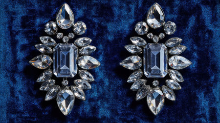 This stunning image showcases an elegant vintage jewelry brooch featuring a captivating arrangement of sparkling gemstones against a rich blue velvet background.の素材