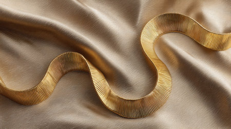 This stunning image showcases an elegant golden ribbon gracefully winding over soft satin fabric, perfect for enhancing crafts, decorations, or special occasions.の素材