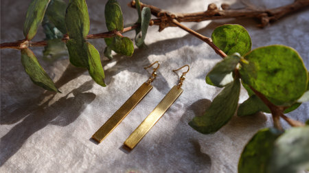This beautiful stock photo captures elegant long gold earrings resting on soft fabric alongside green leaves, illuminated by natural light, embodying a chic style perfect for fashion and jewelry enthusiasts.の素材