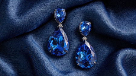 Stunning pair of blue gemstone earrings displayed on a rich satin fabric, highlighting intricate details and luxurious craftsmanship. Perfect for fashion enthusiasts.の素材