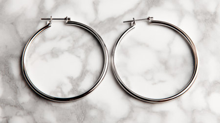 A pair of elegant silver hoop earrings set against a beautiful marble background. Perfect for enhancing modern fashion styles and chic outfits.の素材