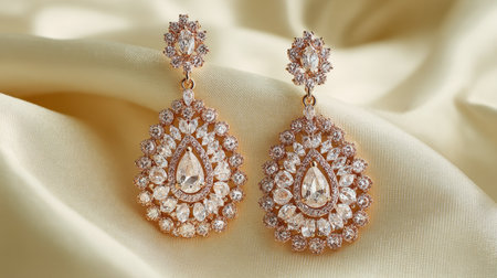 Stunning pair of rose gold drop earrings adorned with sparkling crystals, displayed on a soft satin fabric background, perfect for special occasions.の素材