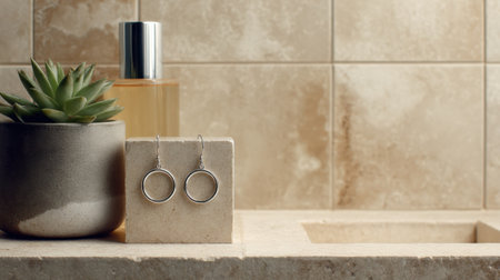A stunning display of silver hoop earrings complements a serene bathroom scene featuring a succulent plant and a stylish candle. The warm tones create a chic atmosphere.の素材