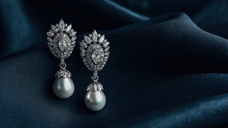 Beautiful silver earrings featuring a pearl drop and intricate diamond accents, positioned elegantly on a rich fabric background, perfect for special occasions.の素材