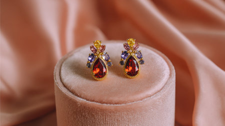 These elegant gemstone earrings, resting on a plush velvet pedestal, capture the essence of luxury with their intricate designs and vibrant colors, perfect for any occasion.の素材