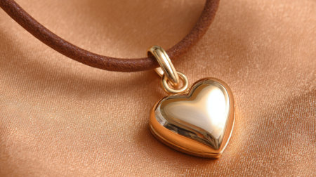 Close-up image of an elegant heart-shaped gold pendant on a soft brown cord, resting on a satin background, perfect for showcasing love and beauty in jewelry.の素材