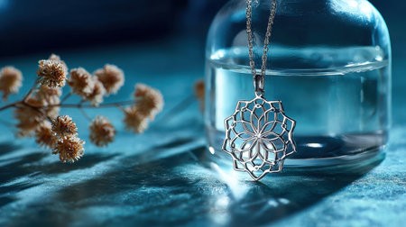 A stunning silver pendant featuring a floral design, elegantly suspended near a water surface, showcasing intricate details and soft lighting ideal for jewel design.の素材