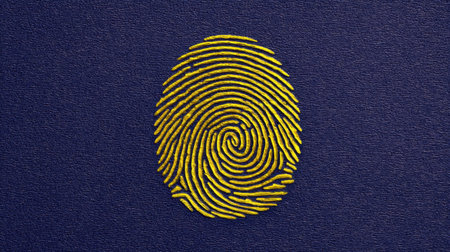 A striking yellow fingerprint set against a dark background, representing themes of identity, security, and individuality. Perfect for design concepts.の素材
