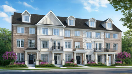 A striking row of contemporary townhouses featuring elegant designs and colorful landscaping. This serene setting offers a blend of comfort and modern living, perfect for families.の素材